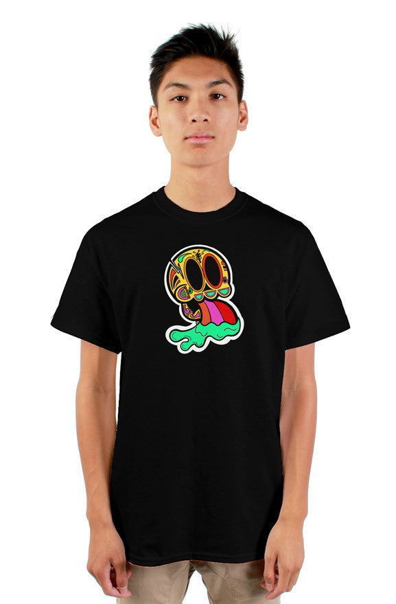 Black  short sleeved crew neck Voodoo T-Shirt with colored character face on chest. 