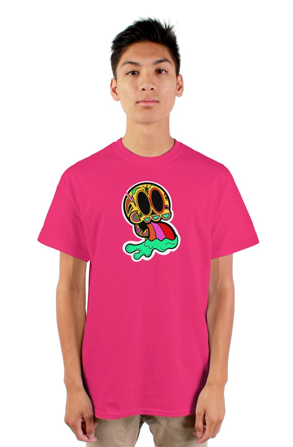 Black  short sleeved crew neck Voodoo T-Shirt with colored character face on chest. 