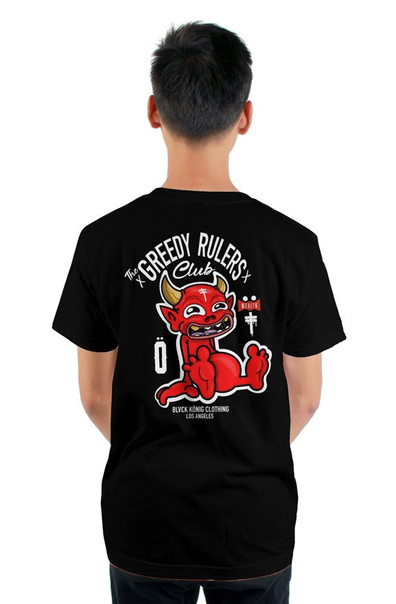 Black crew neck short sleeved t-shirt with the greedy rulers club and red devil drawing printed on the back.