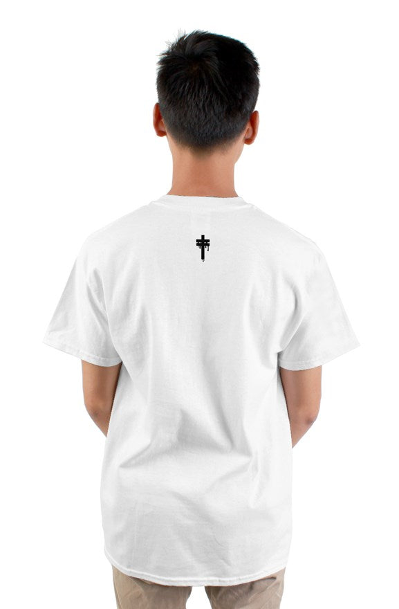 White short sleeve crew neck t-shirt with painted image of open mouth with protruding tongue. 
