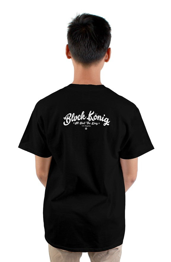 Black crew neck short sleeved t-shirt with a colored crowned circle king drawing on chest.