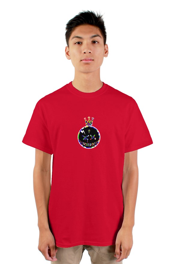 Red  crew neck short sleeved Candy King T-Shirt with a colored crowned circle king drawing on chest.