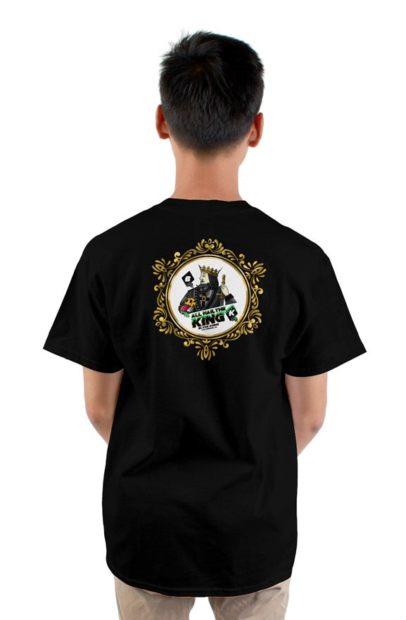 Black short sleeved ribbed crew neck t-shirt all hail the king limited edition artwork of a king printed on the back.