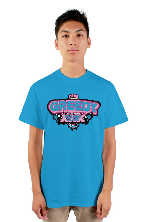 SpaceX T-Shirt. Light blue crew neck short sleeved t-shirt with blue and pink lettering the greedy rulers club on chest.