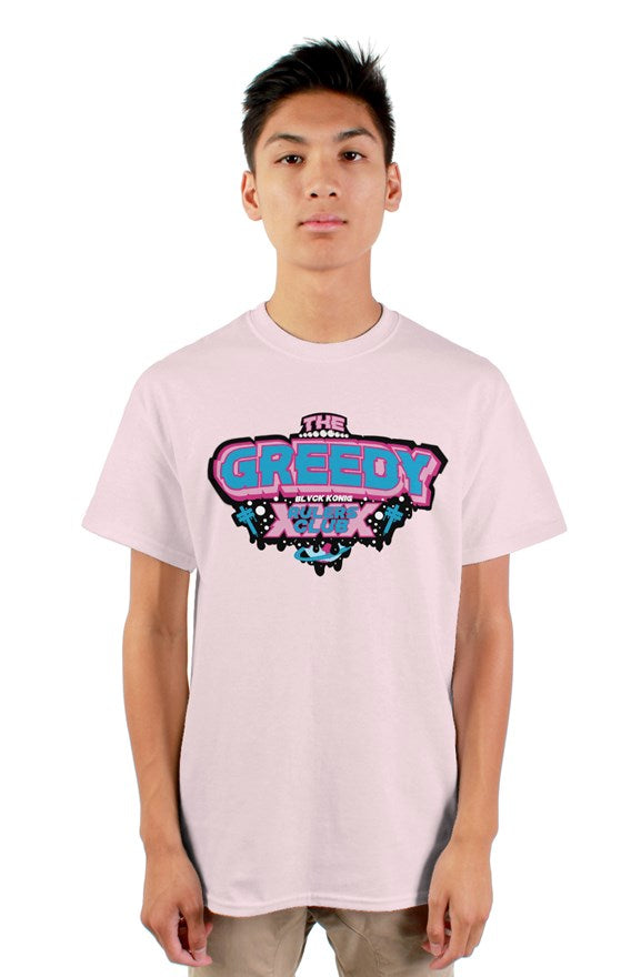Light pink crew neck short sleeved t-shirt with blue and pink lettering the greedy rulers club on chest.
