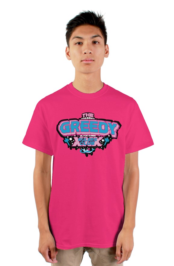 Pink crew neck short sleeved t-shirt with blue and pink lettering the greedy rulers club on chest.