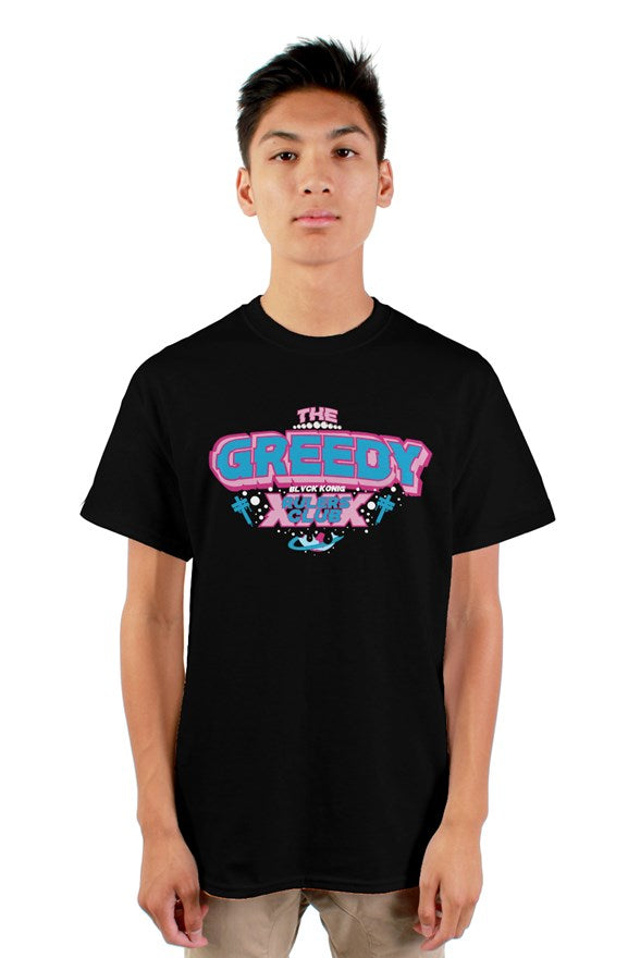 Black crew neck short sleeved t-shirt with blue and pink lettering the greedy rulers club on chest.