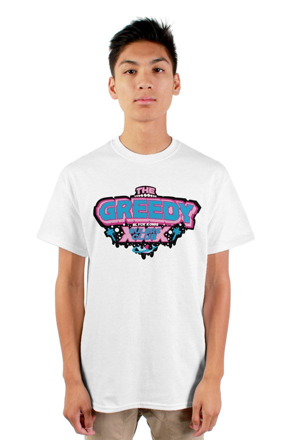 White  crew neck short sleeved t-shirt with blue and pink lettering the greedy rulers club on chest.