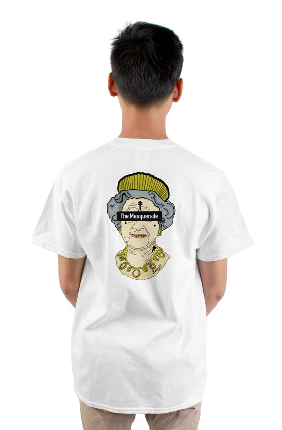 White  crew neck short sleeve t-shirt with drawing of a queen with a crown with letters the masquerade on the back.