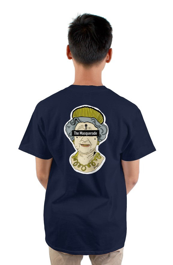 Navy blue crew neck short sleeve t-shirt with drawing of a queen with a crown with letters the masquerade on the back.