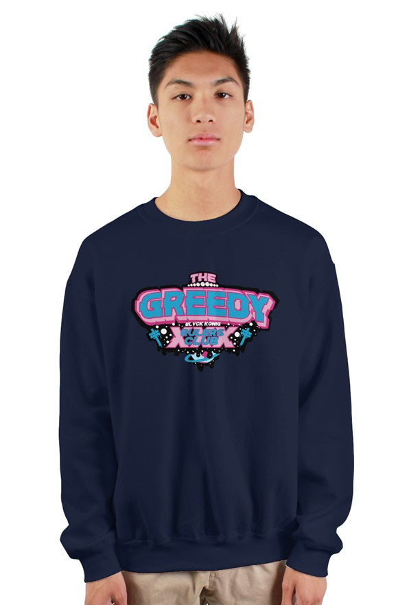 White crew neck long sleeved sweatshirt with blue and pink lettering the greedy rulers club on chest.