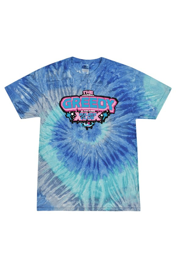 blue tie die crew neck short sleeved t-shirt with blue and pink lettering the greedy rulers club on chest.
