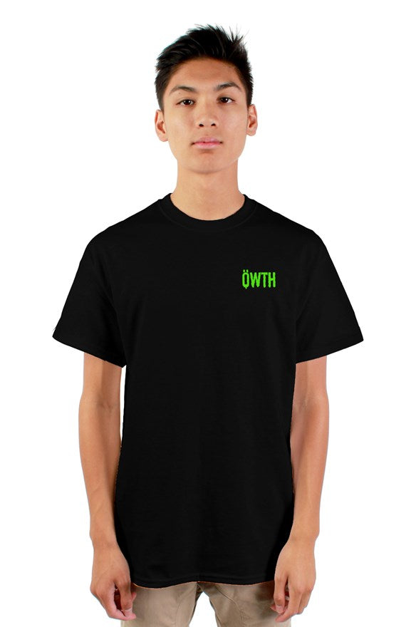 Black  crew neck short sleeved t-shirt with green blvck konig all hail the king lettering and yellow skull image on back.