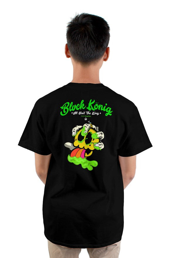 black  crew neck short sleeved t-shirt with green blvck konig all hail the king lettering and yellow skull image on back.