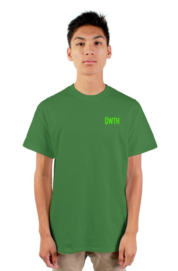 green  crew neck short sleeved t-shirt with green blvck konig all hail the king lettering and yellow skull image on back.