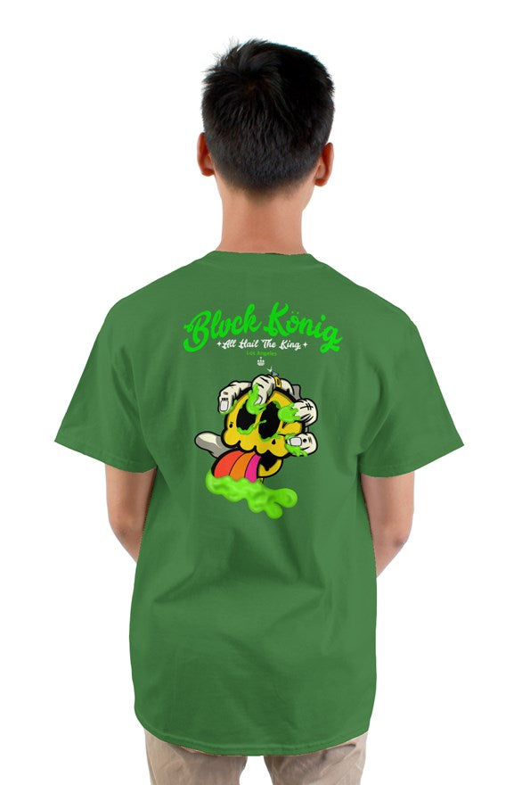 green crew neck short sleeved t-shirt with green blvck konig all hail the king lettering and yellow skull  image on back.