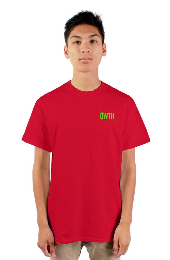 Red crew neck short sleeved t-shirt with green blvck konig all hail the king lettering and yellow skull  image on back