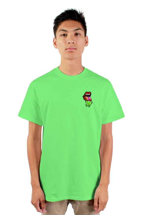 Neon short sleeve crew neck t-shirt with painted image of open mouth with protruding tongue. 