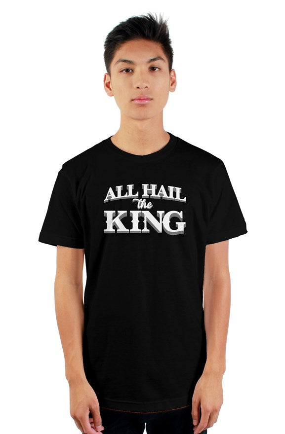White short sleeve t-shirt with ribbed crewneck with black all hail the king located on chest