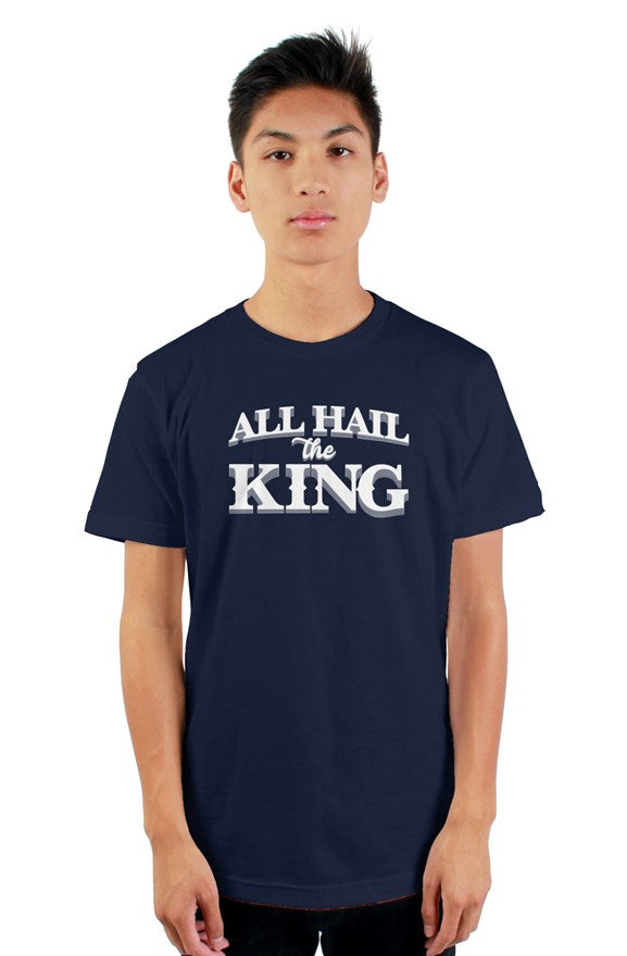 navy blue short sleeve t-shirt with ribbed crewneck with white all hail the king located on chest
