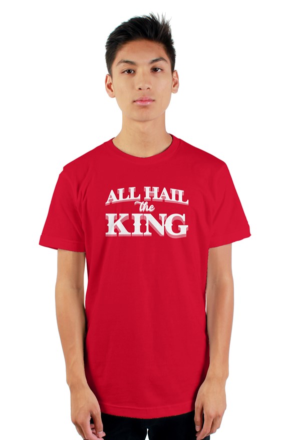 Black short sleeve t-shirt with ribbed crewneck with white all hail the king located on chest