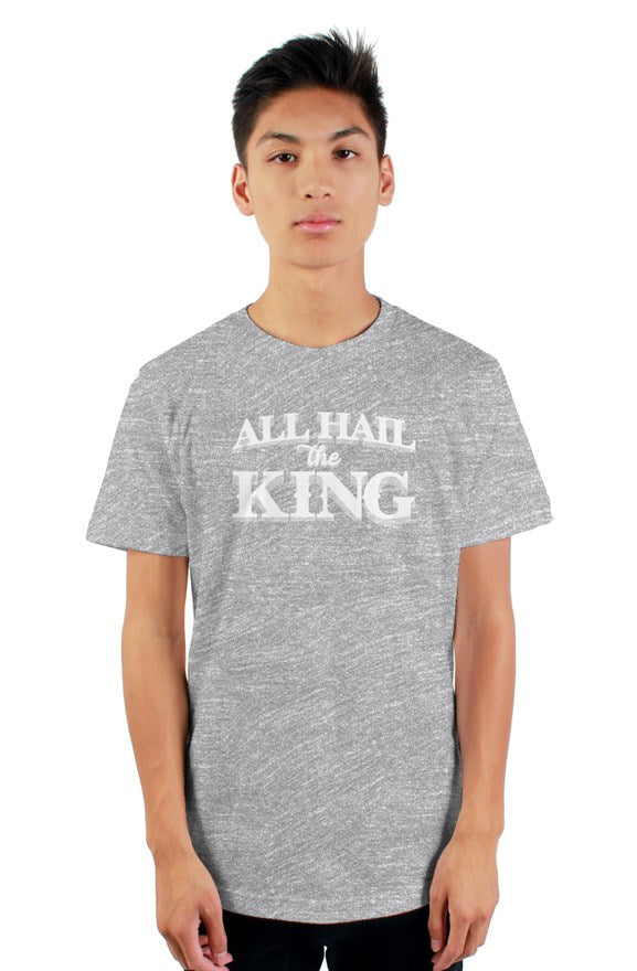 grey  short sleeve t-shirt with ribbed crewneck with white all hail the king located on chest