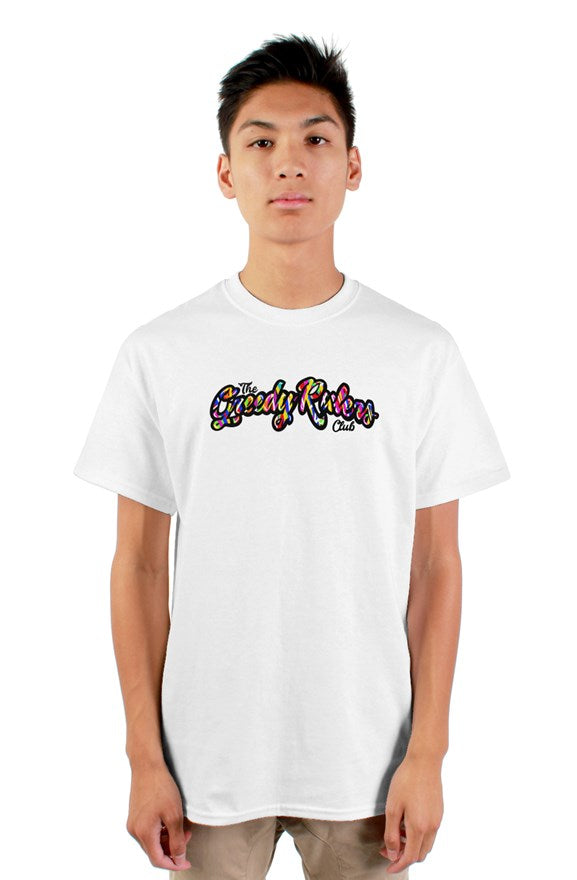 Red  crew neck short sleeved t-shirt with multi- colored lettering the greedy rulers club on chest.
