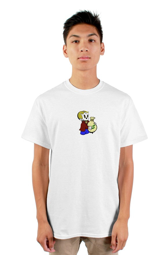 white short sleeve crew neck t-shirt with richie rich drawing holding a money bag printed on the front.