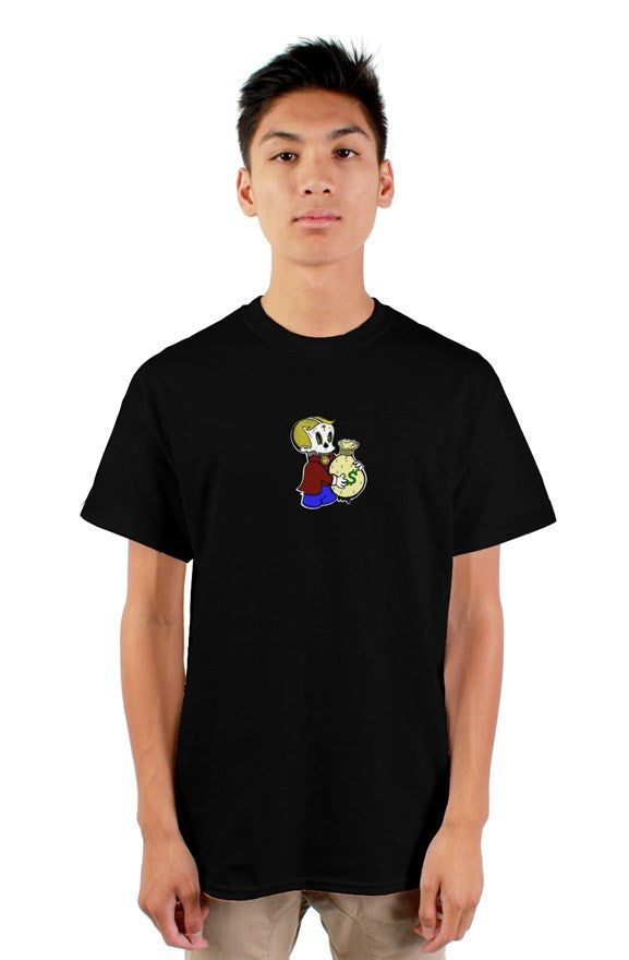 black short sleeve crew neck t-shirt with richie rich drawing holding a money bag printed on the front.