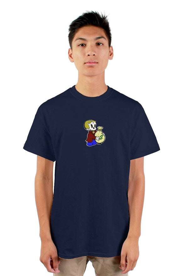 navy blue short sleeve crew neck t-shirt with richie rich drawing holding a money bag printed on the front.