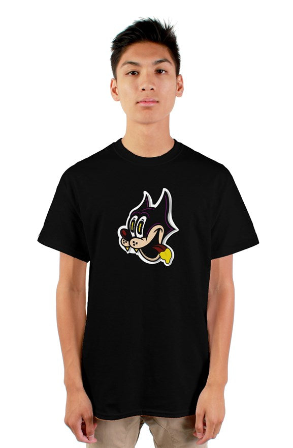 Black  short sleeved crew neck t-shirt with cat cartoon drawing on chest and never too greedy white lettering on back.