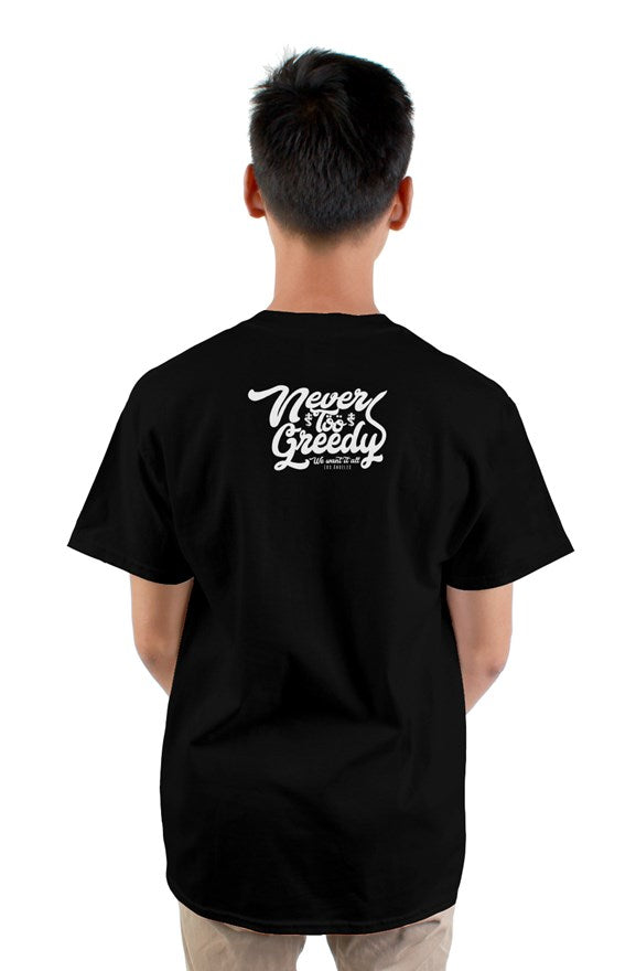 Never Too Greedy T-Shirt. Black short sleeved crew neck t-shirt with cat cartoon drawing on chest and never too greedy white lettering on back.