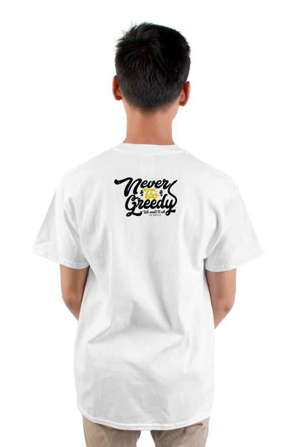 White  short sleeved crew neck t-shirt with cat cartoon drawing on chest and never too greedy black lettering on back.