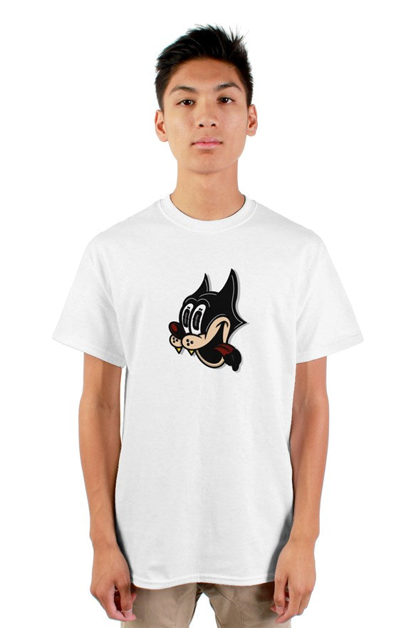 White short sleeved crew neck t-shirt with cat cartoon drawing on chest and never too greedy black lettering on back.