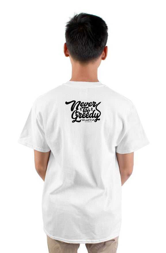 White short sleeved crew neck t-shirt with cat cartoon drawing on chest and never too greedy black lettering on back.