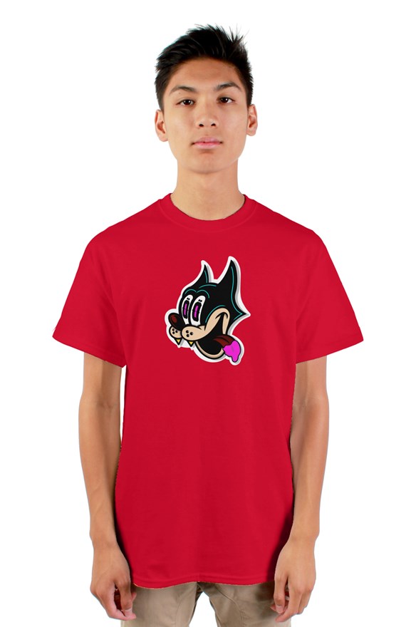 Red short sleeved crew neck t-shirt with cat cartoon drawing on chest and never too greedy white lettering on back.