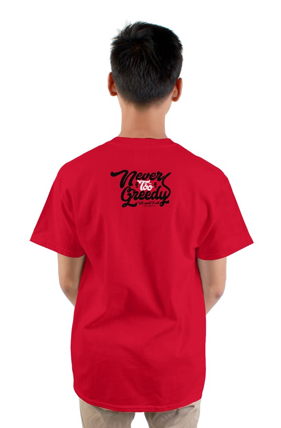 Red short sleeved crew neck t-shirt with cat cartoon drawing on chest and never too greedy Black lettering on back.