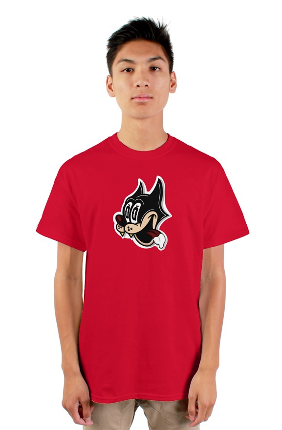 Red short sleeved crew neck t-shirt with cat cartoon drawing on chest and never too greedy black lettering on back.