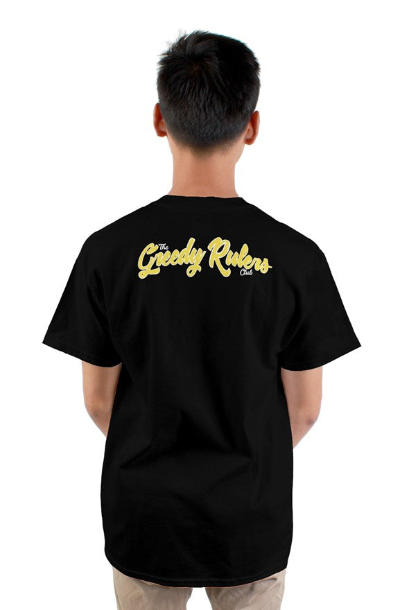 Black crew neck short sleeved t-shirt with smiley face drawing on front and the greedy rulers yellow lettering on the back.