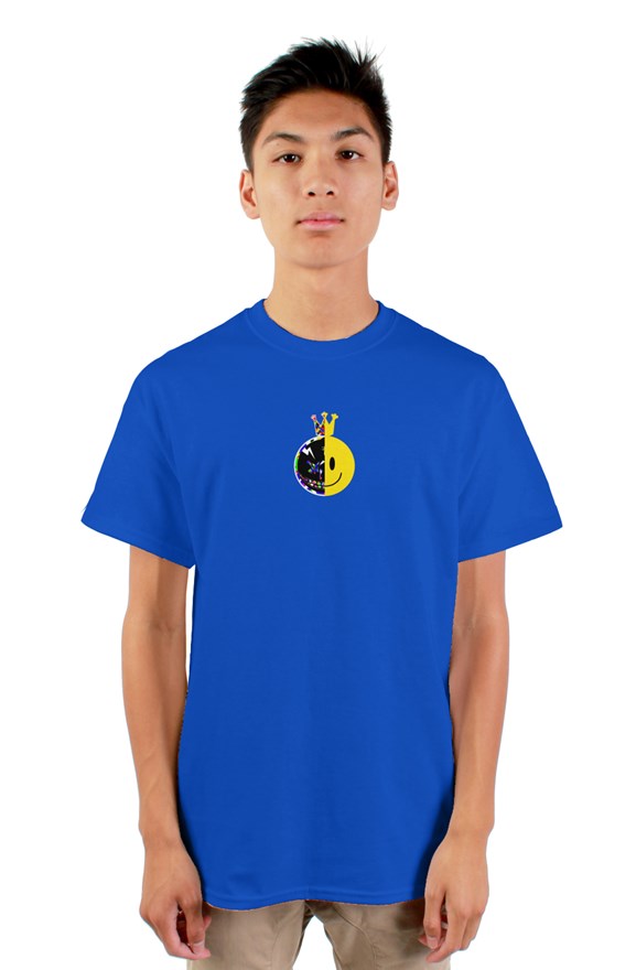 Royal blue crew neck short sleeved t-shirt with smiley face drawing on front and the greedy rulers yellow lettering on the back.