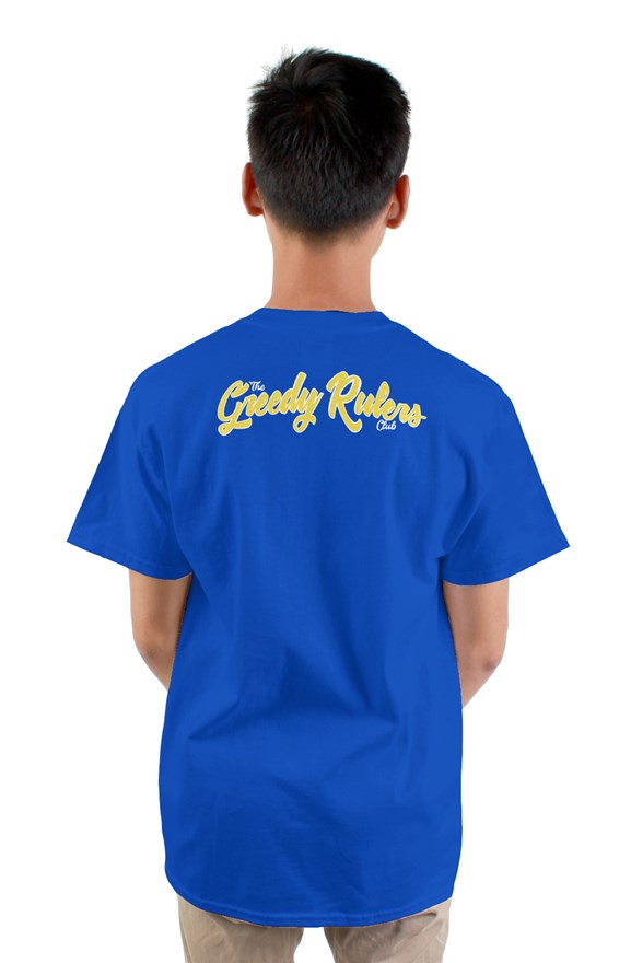 Royal blue crew neck short sleeved t-shirt with smiley face drawing on front and the greedy rulers yellow lettering on the back.