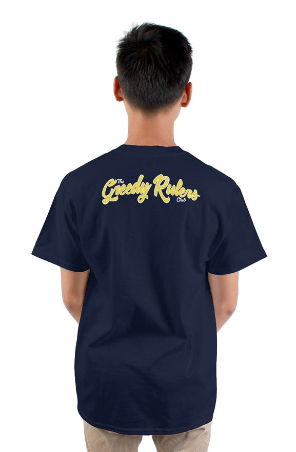 Navy blue crew neck short sleeved t-shirt with smiley face drawing on front and the greedy rulers yellow lettering on the back.